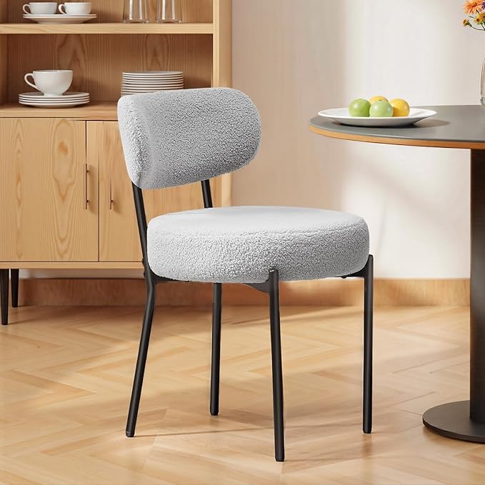 DUMOS Dining Chairs Set of 6, Mid Century Modern Chair Round Upholstered Curved Backrest, Kitchen Vanity Living Room Chairs with Black Metal Legs,Light Grey