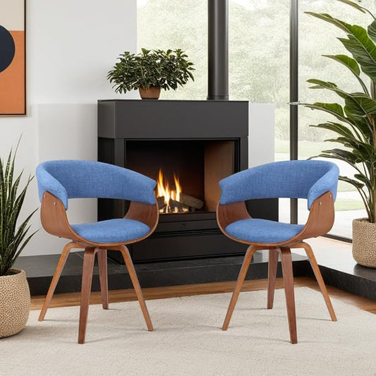 Armen Living Summer Mid-Century Chair in Blue Fabric with Walnut Wood Finish