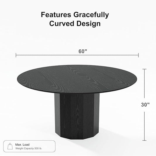 Casaphoria 60" Round Dining Table, Modern Wood Kitchen Table with Cylinder Polygonal Base for Living Room & Dining Room, Easy Assembly Farmhouse Furniture for 4-6, Black