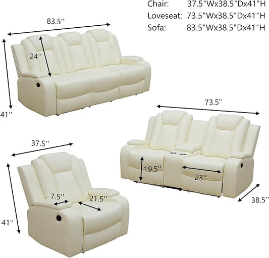 Leather Power Recliner Sofa Set with LED, Living Room Furniture Set, Leather Sofa Set with USB Port Storage Console Cup Holder for Office Living Room Home (Cream White Standard Version 2 Cup Holders)