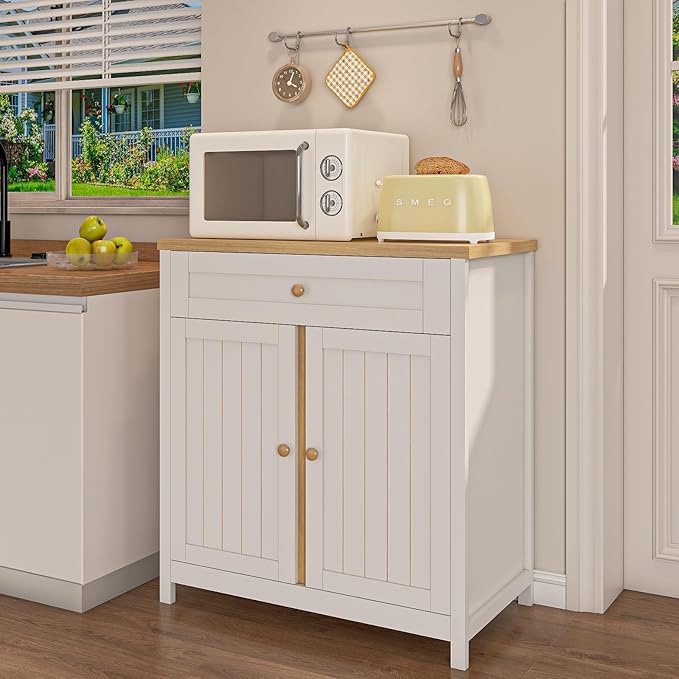 Storage Cabinet,Coffee Bar Cabinet, Kitchen Storage Cabinet, Modern Farmhouse Buffet Sideboard with Drawer, for Kitchen, Dining Room, Entryway(White)