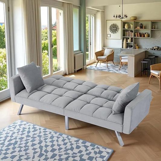 Futon Sofa Bed, 74 Inch Convertible Sofa Couch with Adjustable Backrest and Pillows, Sleeper Couch Bed with Velvet Upholstery, Square Tufted Design for Living Room Home Office, Light Gray