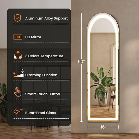 Alpen Arched Full Length Mirror with LED Lights, 60"x16" Floor Length Mirror with Stand, Body Floor Mirrors with Dimming & 3 Color Lighting, LED Mirrors for Bedroom, Dressing Room, Cloakroom