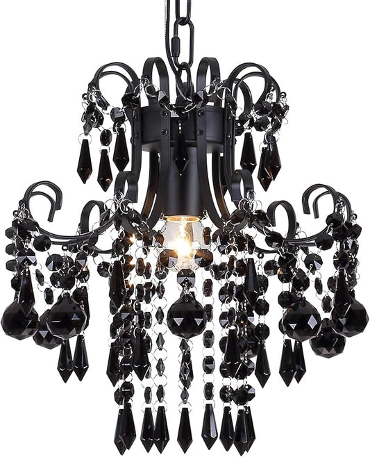 Q&S Mini Crystal Chandelier, Modern Black Small Chandelier 1-Light Crystal Pendant Light Fixture for Princess House Nursery Girls Hallway Entryway Bedroom Foyer Bathroom Kitchen W11.8 UL Listed