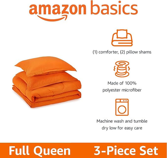 Amazon Basics 3-Piece Soft, All-Season Microfiber Kid's Comforter and Pillow Sham Set, Full/Queen, Bright Orange, Solid