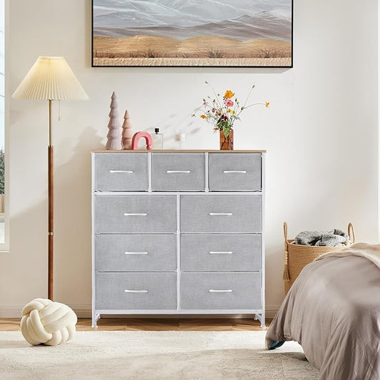 DUMOS 9 Drawer Dresser for Bedroom, Fabric Storage Organizer with Sturdy Metal Frame, Wooden Top Chest of Drawers for Closet Entryway Guest Room,Light Gray