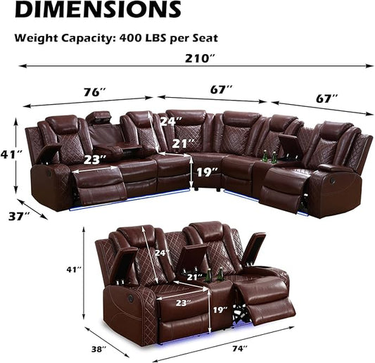 Leather Power Recliner Sectional Sofa Set with LED Light,L Shape Leather Couch Set with Recline Loveseat,Modular Corner Sofa with USB Port for Living Room Furniture(Red, Sectional+Loveseat)