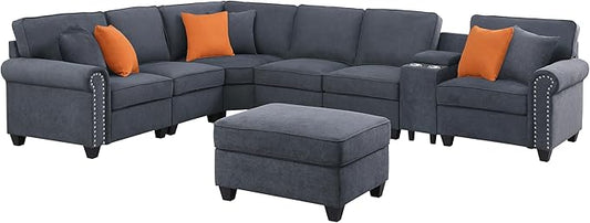 YOPTO 127" Modular Sectional Sofa with Movable Ottoman&Nailhead Trim Armrest,L-Shape Convertible Couch W/Cup Holder,USB Port&Hidden Storage Box,7 Seat Chenille Sectionals,6 Pillow,for Living Room,Gray