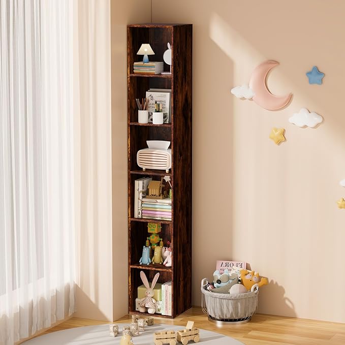 6 Tier Bookshelf, Open Tall Narrow Floor Standing Bookcase, Storage Organizer Bookshelves Freestanding Book Shelf for Living Room, Bedroom, Home Office (Retro Brown, 6 Cube)