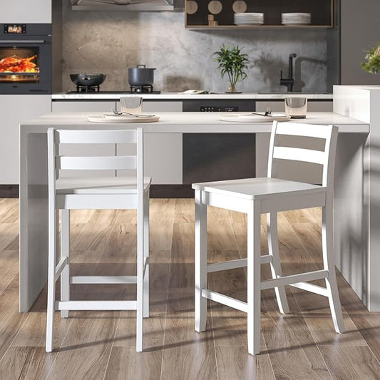 ERGOMASTER Set of 2 Kitchen Island Bar Stools 24 Inch Height with Footrest - 400 lbs Capacity Rubber Wood Counter Stools for Breakfast Nook, Home Pub (White)