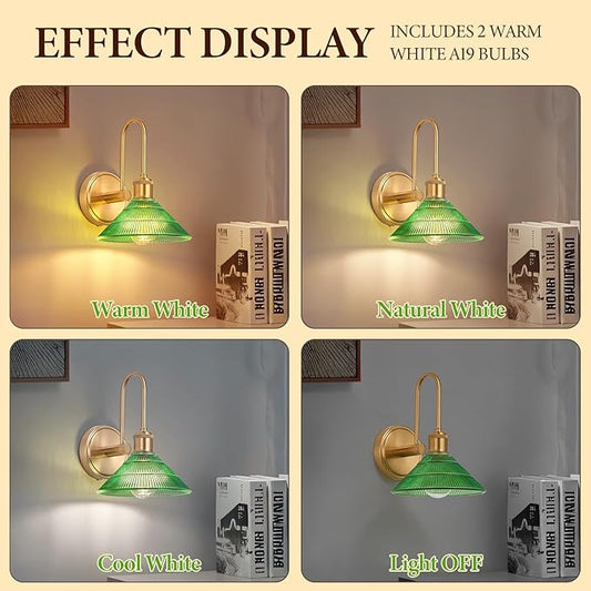 Wall Sconce Set of 2, Gold Vintage Light Fixtures with Round Green Glass Lampshade, Hardwired Sconces Wall Lighting for Bedroom, Bathroom, Living Room | Includes 2 LED Bulbs