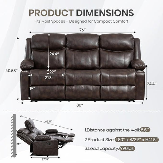 Manual Reclining 3-Seater Sofa with Heat & Massage, PU Leather Recliner Couch for Living Room, Faux Leather Upholstery, Deep Cushions & Sturdy Frame (Brown)