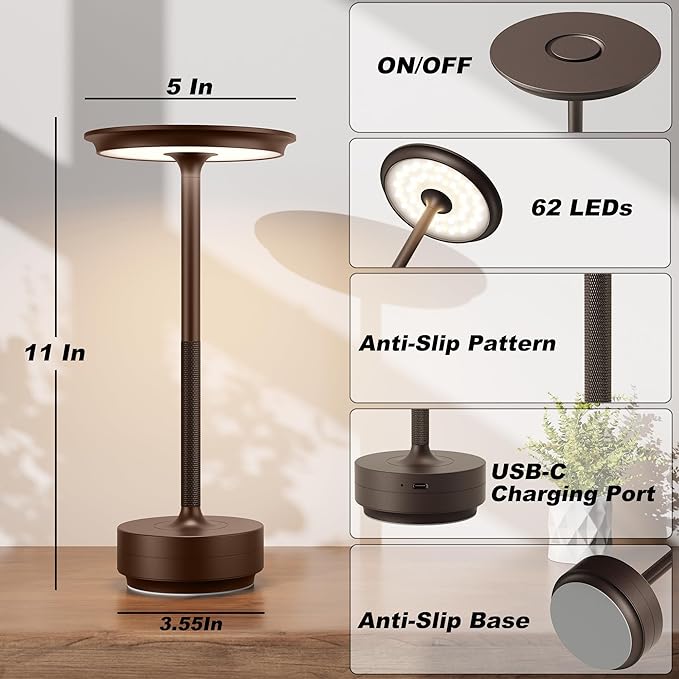 1 Pack Rechargeable Table Lamps Cordless, Portable 5000mAh Outdoor Table Light, 3 Color Stepless Dimming LED Table Lamp with Memory Function, for Home/Dinner/Patio/Restaurant.(Brown)