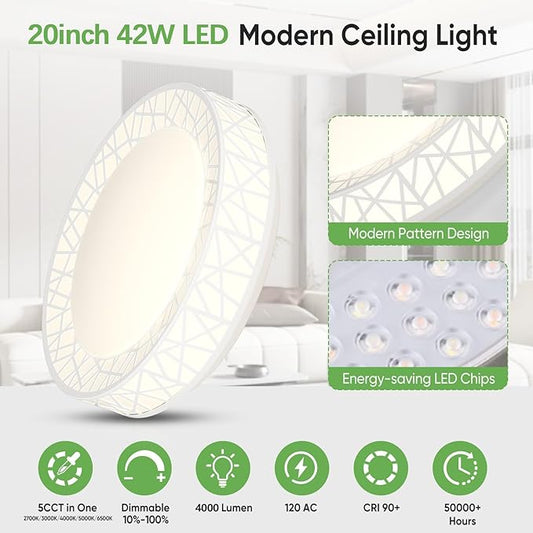 20 Inch Flush Mount Ceiling Light, Modern White LED Ceiling Light Fixture, 42W 4000LM 2700-6500K Adjustable, Dimmable Ceiling Lights for Bedroom, Kitchen, Hallway, Bathroom, ETL Listed