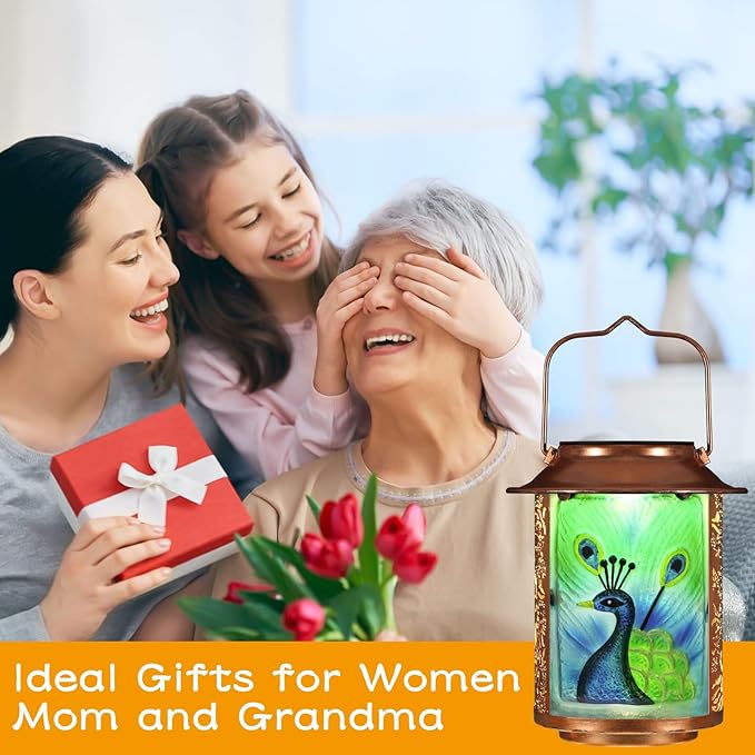 Peacock Solar Lanterns Outdoor Waterproof,Birthday Gifts for Women Mom Grandma Garden Decor,Hanging Solar Lights Wall Mount Decorations for Yard,Front Porch,Patio,Lawn Pathway Landscape