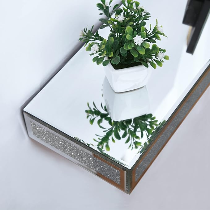 SHYFOY Mirrored Floating Shelves for Wall Decor Storage, Glitter Glass Wall Mounted Shelves for Bedroom, Living Room, Bathroom, Kitchen, Office and More, Set of 2, Silver