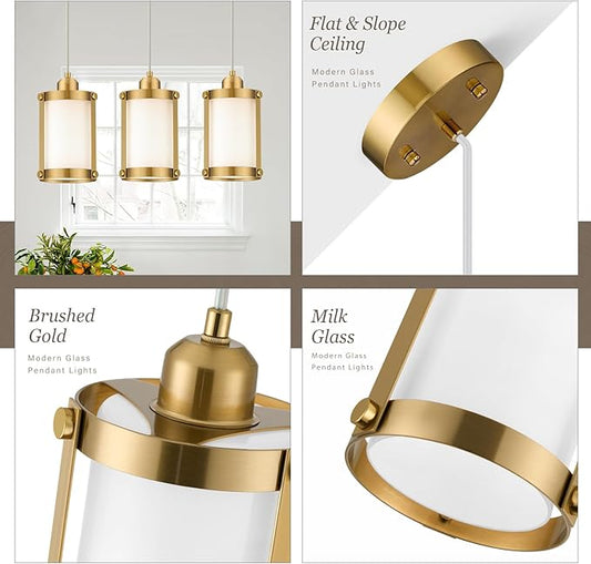 Brushed Gold Pendant Lights Kitchen Island, 1-Light Modern Brass Mini Hanging Light Fixtures with Milk Glass, Farmhouse Kitchen Pendant Lighting Over Island for Sink, OS-3014-1PBGW