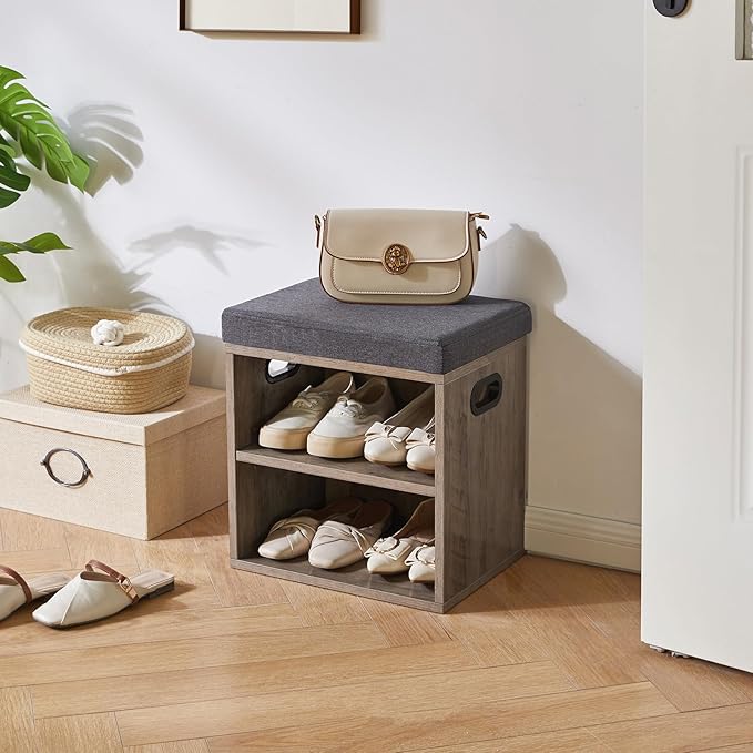 YMYNY Small Shoe Storage Bench with Cushion, 2 Tier Entryway Bench with Shoe Storage, Shoe Rack Bench for Entryway, Living Room, Hallway, Closet, Bedroom, 15.4L*11W*16.54H, Silver Gray UHBD028Y