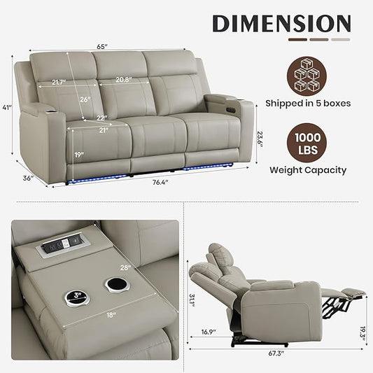 Dual Motor Power Reclining Sofa, Breathable Leather Reclining Couch with Power Headrest/LED Light/Armrest Storage, Recliner Sofa 3 Seater for Living Room (Grey, 3 Seater)