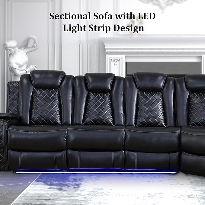 Air Leather Recliner Sectional Sofa Set, Power Reclining Sectional Couch for Living Room, L Shaped Recliner Corner Couch and Single Chair with LED Lighting, USB Port&Storage (Black)