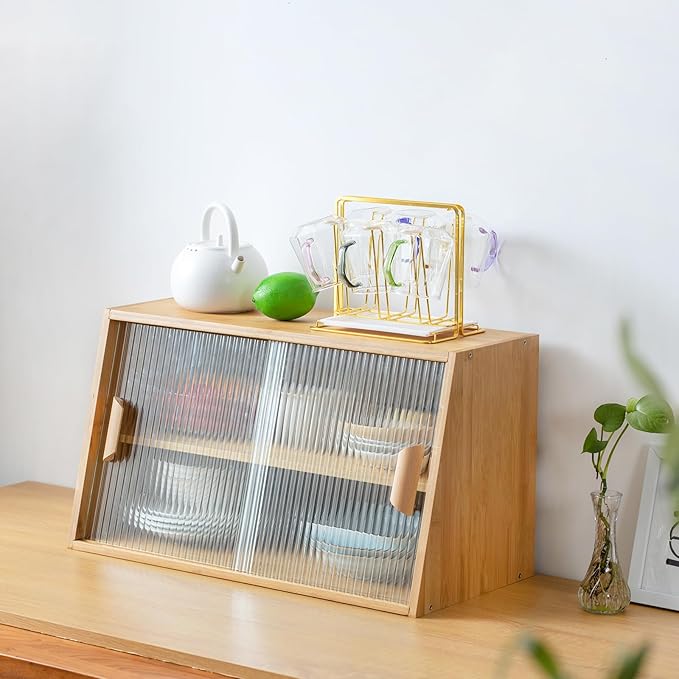 Tiita Small Kitchen Pantry Cabinet, Bamboo Sideboard with Glass Doors, Cupboard Food Pantry Cabinet for Kitchen, Living Room and Dinning Bedroom