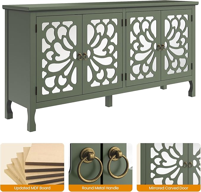 63" Carved Buffet Cabinet with Mirrored Door, Modern Console Table with Storage and Adjustable Shelves, Wood Media Sideboard for Entryway, Living Room, Bedroom, Dining Room, Bathroom (Green)