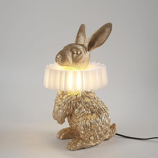 Scarf Rabbit Table Lamp,Resin Crafted Gold Bunny Lamp Featuring White Pleated PC Lampshade,USB Plug,Energy-Efficient Nightstand Lamp (Gold Standing)