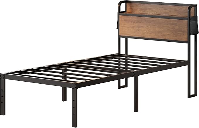 16 Inch Twin XL Bed Frames with Wood Headboard, Storage Bed Frame Twin XL No Box Spring Needed, Noise Free, Mahogany