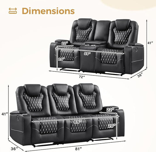 ANJ Living Room Furniture Sets,Power Upholstered 3 Seat Recliner Sofa & Loveseat Sofa with USB Ports and Cup Holders - Family Set Seating PU Leather Reclining Couch with Hidden Arm Storage(Black)
