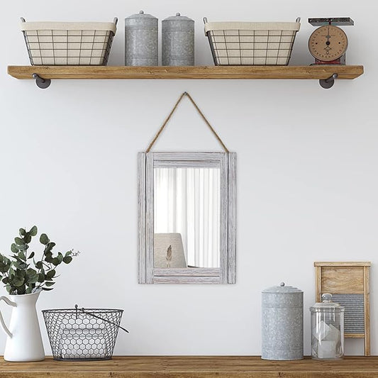 12 x 16 in Wall Decorative Mirror, Rustic Wood Frame Rectangular Mirror with Hanging Rope for Entryway, Bedroom, Guest Bathroom, Living Room, Bedroom - Grey