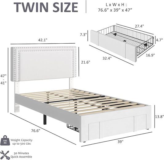 VECELO Twin Platform Bed Frame with Storage Drawer, Adjustable Velvet Headboard, Wooden Slats Support, No Box Spring Needed, Easy Assembly