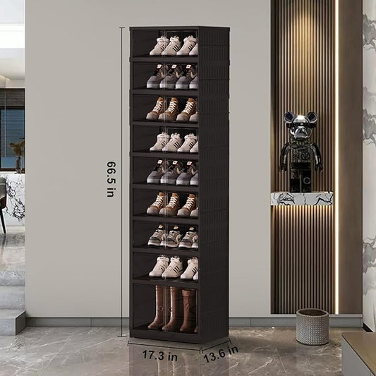 Shoe Rack Organizer for Closet Entryway Foldable Sneaker Storage Shoe, Collapsible Shoe Cabinet, Stackable Shoe Storage Cabinet with Lids for Living Room (9 Tiers -18 Pairs Black)
