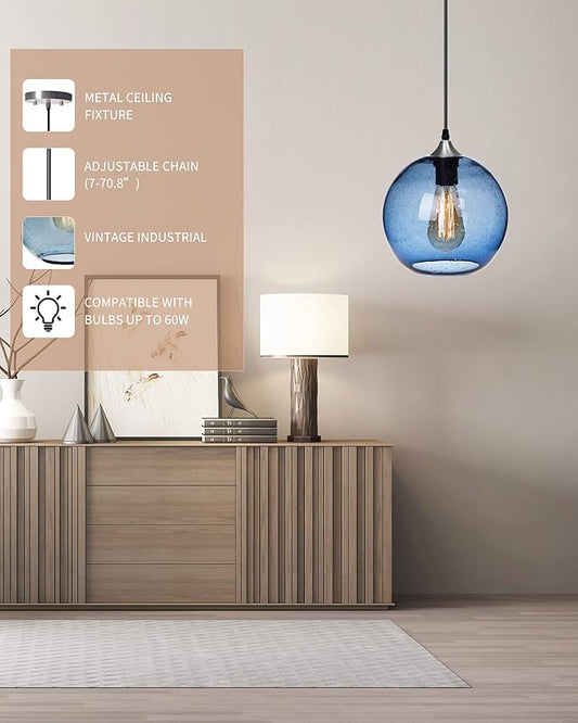 ARIAMOTION Pendant Lighting for Kitchen Island Hand Blown Glass Modern Blue Bubbles Light Over Sink Bar Bedroom Vintage Globe 8.7 InchDiam