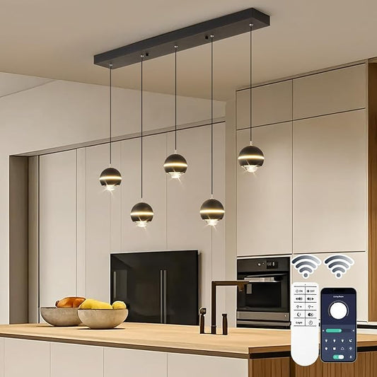 Modern LED Pendant Lights, Dimmable 36in Crystal Globe LED Chandelier Lighting, Black & Gold Dining Room Hanging Light Fixtures Kitchen Island Linear Pendant Light for Dining Table (3500lm)