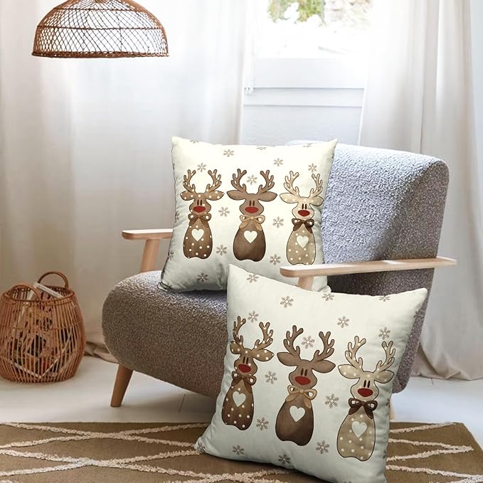 Christmas Reindeer Snowflakes Pillow Covers 18x18 Set of 2 Xmas Polka Dot Love Heart Bow Brown Elk Deer Throw Pillows Cute Winter Holiday Farmhouse Outdoor Cushion Cases for Sofa Couch