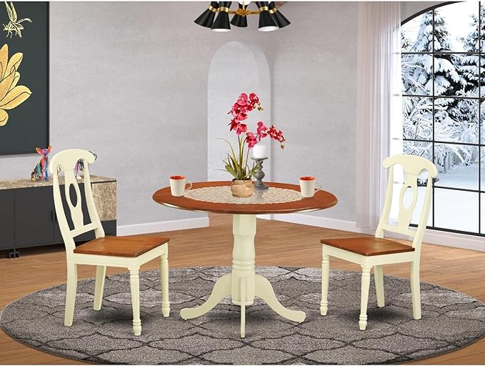 East West Furniture DLKE3-BMK-W 3 Piece Dinette Set for Small Spaces Contains a Round Dining Table with Dropleaf and 2 Dining Room Chairs, 42x42 Inch, Buttermilk & Cherry