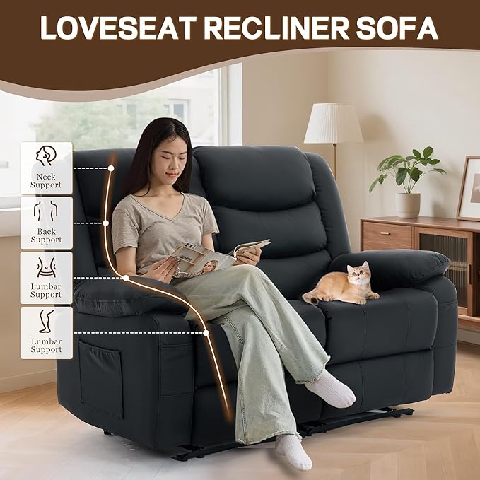 Korser Loveseat Recliner Sofa for RV Furniture and Theater Seating, Wall Hugger Loveseat Recliner, Oversized Loveseats Couch with Front Porckets&Side Pockets, Fabric, Black