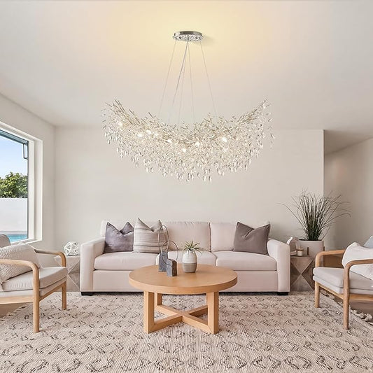 Modern Chrome Rectangular Chandelier for Living Room, 55" Luxury K9 Crystal Raindrop Light Contemporary 16 Light Tree Branch Chandelier for Kitchen Island, Living Room, Dining Room