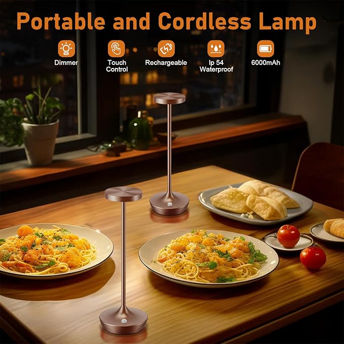 2 Pack LED Cordless Table Lamp Rechargeable,Outdoor Battery Operated Desk Lamp Touch 3 Color Dimming Portable Waterproof Night Light for Patio/Restaurant/Dining/Home (Coffee Brown)