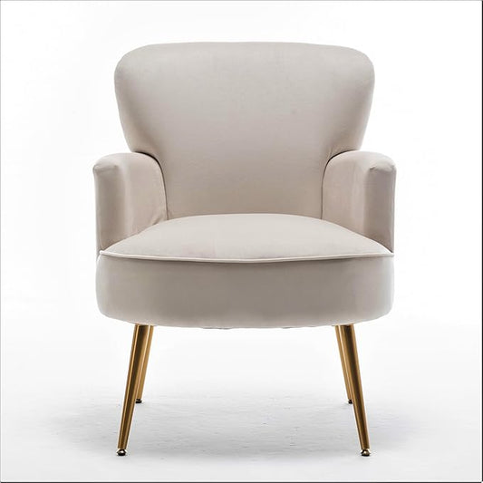 Trendy Velvet Accent Chair with Gold Metal Legs, Upholstered Armchair for Small to Mid-Size Spaces, Modern Living Room, Bedroom, Vanity Desk and Entryway, Ivory