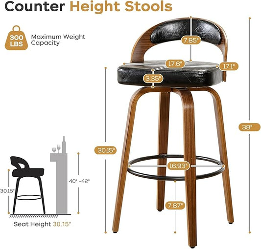 Swivel Bar Stools Set of 6, 30.15" Counter Height Bar Stools for Kitchen Island, Black Barstool Upholstered Faux Leather & Solid Wood Legs, Mid Century Modern Bar Chairs