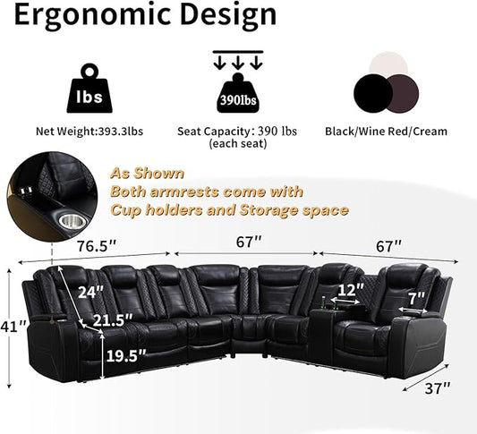 Power Recliner Sofa Sectional Couches with LED Light,Leather Reclining Corner Sectional Sofa with 2 Recliner Seats,Cup Holders,Storage Console for Living Room,Black