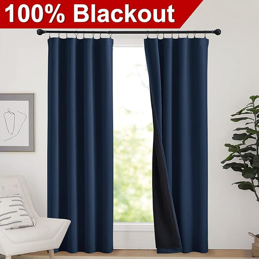 NICETOWN Complete 100% Blackout Curtains, Thermal Insulated & Energy Efficiency Window Draperies for Guest Room, Full Shading Panels for Shift Worker and Light Sleepers (Navy, 42W x 84L, 2 PCs)