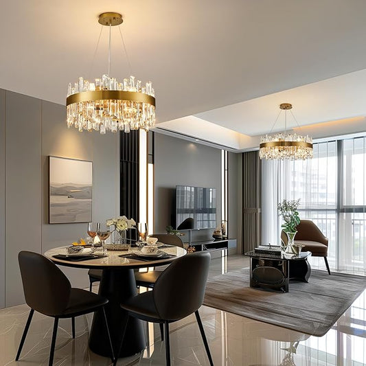Siljoy Modern Crystal Chandelier, 12-Light Dimmable Brass Gold K9 Crystal Raindrop Chandelier, Luxury Adjustable Crystal Pendant Ceiling Light for Living Dining Room Kitchen Island Entry Foyer D19.7''