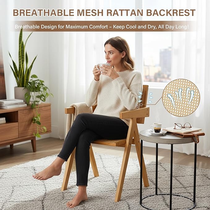 Rattan Dining Chairs Set of 4, Modern Mid Century Accent Chairs, Comfy Armchairs, Outdoor Rattan Chairs with Armrest for Bedroom Living Room Reading Room Dining Kitchen