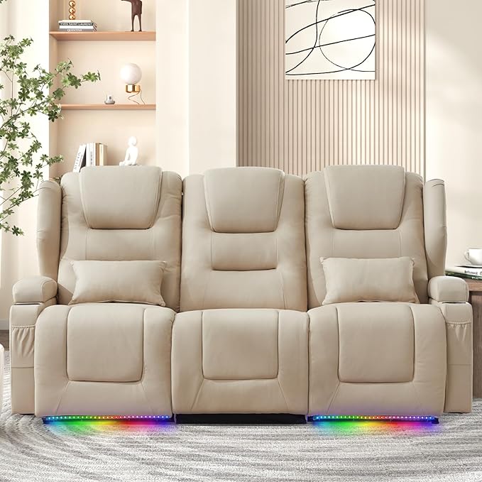 Oprisen 3-Seater Power Recliner Sofa Couch Flip Middle Backrest Reclining Sofa Chair for Living Room with Charging Station/Cup Holders/LED Ambient Light