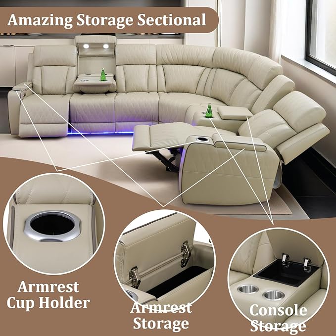 Power Reclining Sectional Sofa Set with LED Lights, Vegan Leather Recliner Sectional Couch for Living Room Furniture,Wireless Charging/USB Charging/Reading Lamp/Armrest Storage,Beige
