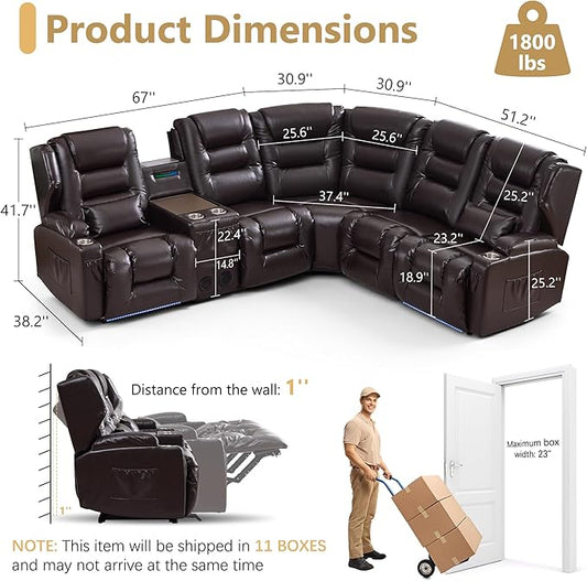 SAMERY Recliner Sectional Couch, Power Reclining Sectional Sofa, Wall Hugger Recliners RV Couch with Corner Couch, Flip-Backrest, Lift-Top Table, Ambient Lights, USB, Faux Leather, Brown | Extra Wide Seat, Plush Padding, Dual Power Recline, Lift-Up Tab...