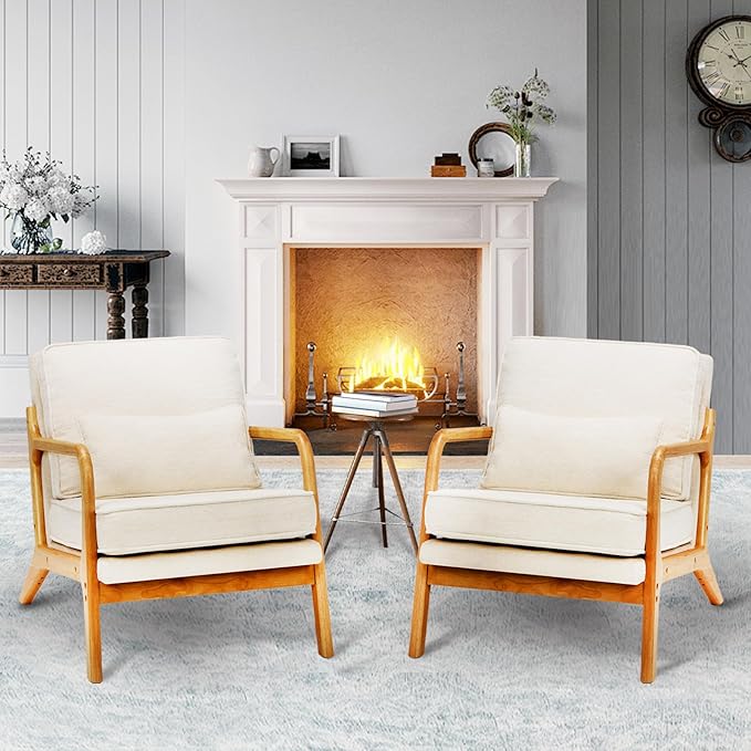 Modern Accent Chair with Lumbar Pillow, Relaxing Mid Century Chair Armchair with Solid Wood Frame & Soft Cushion, Reading Leisure Armchair for Living Room, Beige