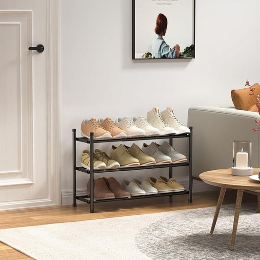 Expandable Shoe Rack, 3 Tier Shoe Rack for Closet, Stackable Adjustable Standing Metal Shoe Shelf Organizer Storage, Small Shoe Racks for Front Door Entrance、Entryway(Black)